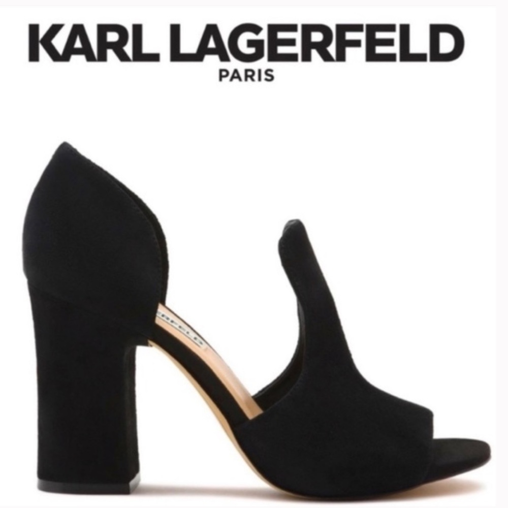Karl Lagerfeld Paris Rian suede leather block heel peep toe shoes, women’s sz 7